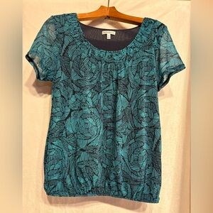 IC COLLECTION Women's Teal and Black Leaf Print Blouse